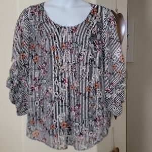 ALYX Woman Plus Size French Garden Ruched Sleeve Top Stripe/Flowers SZ 3X